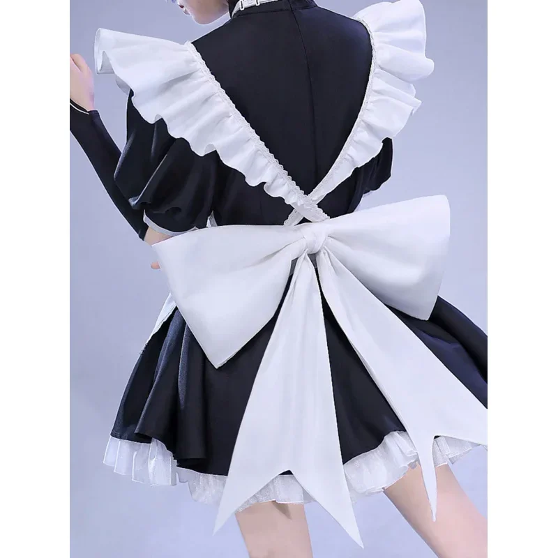 Anime Wanderer Scaramouche Maid Uniform Genshin Impact Cosplay Costume Black Lolita Short Sleeve Maid Dress with Ruffle Apron