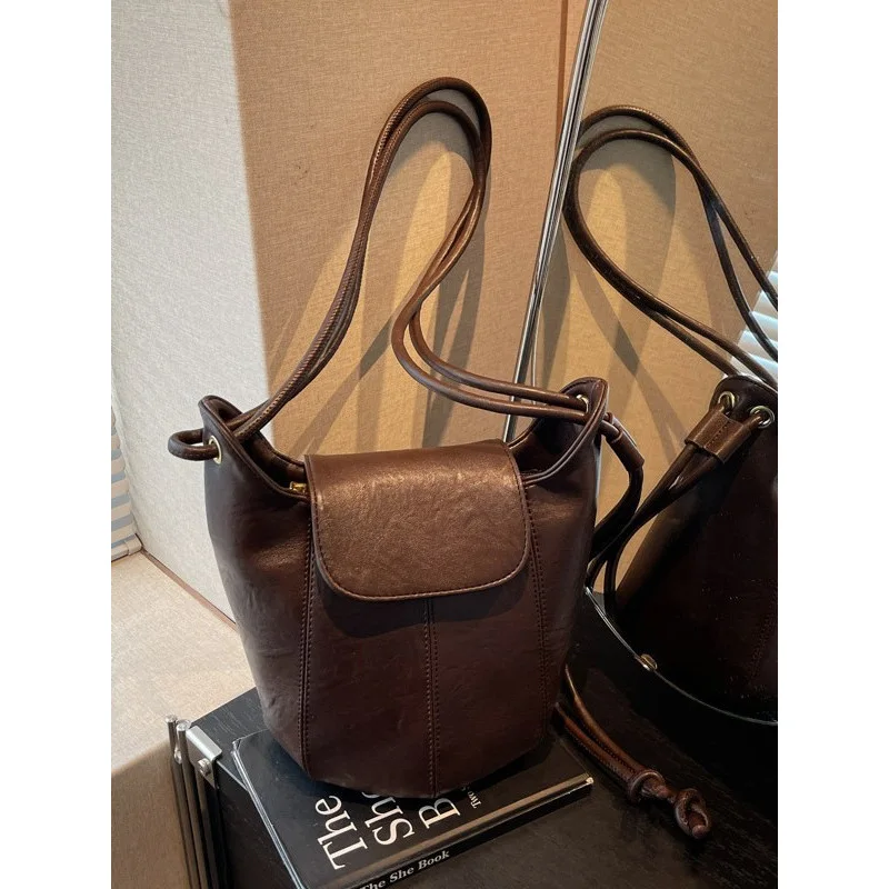 

Винтажная женская сумка-ведро из мягкой кожи - ретро-сумка через плечо в форме тыквы с клапаном, повседневная сумка для ежедневного использования