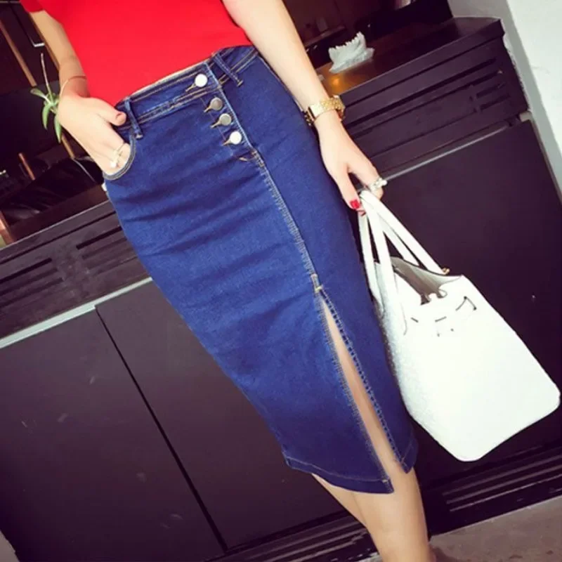 High Waist Coquette Midi with Slit Gyaru Jeans Skirts for Women Woman Denim Skirt Sexy To Knees Length Modest Quality 2024 Trend