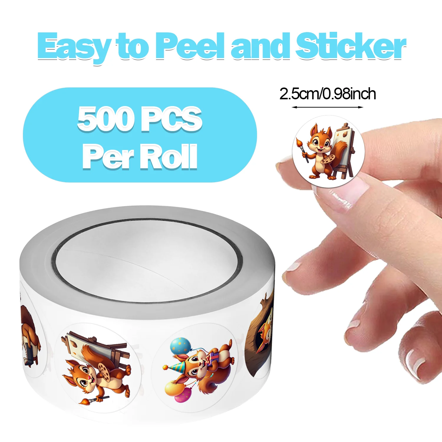 1Roll(500Pcs) Lovable Happy Squirrels Pattern Stickers 2.5cm/1.0'' 10 Designs Decals Diy Adorn Gifts Home Decor Sealing Labels