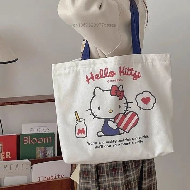 Sanrio Melody Kuromi Canvas Bag Cute Hello Kitty Classroom Handbag Large Capacity Student Shoulder Bag Zipper Commuter Bags