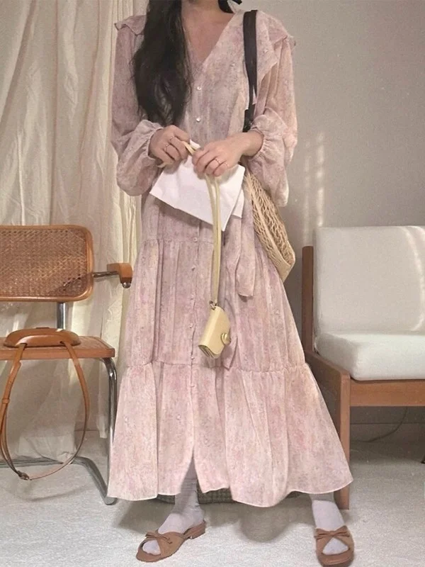 Coreano Sle Splice Lace Trim Chiffon floreale Dr Primavera da donna Nuova delicata gonna lunga stretta in vita retrò Pendolari Sle