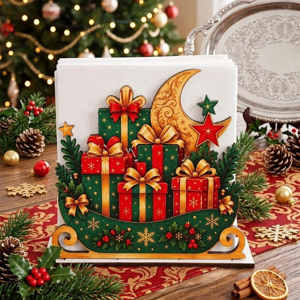 Wooden Santa Tissue Box Sleigh Gift Pattern Santa Sleigh Napkin Stand Christmas Theme Red and Green Christmas Napkin Organizer