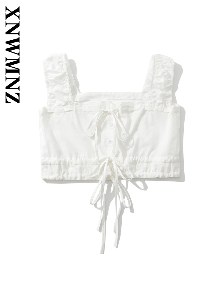 

XNWMNZ 2025 Summer New Woman Sexy Fashion wide shoulder strap Shoulder Vest Chic Woman's White Sleeveless Top Party Tie Bowknot