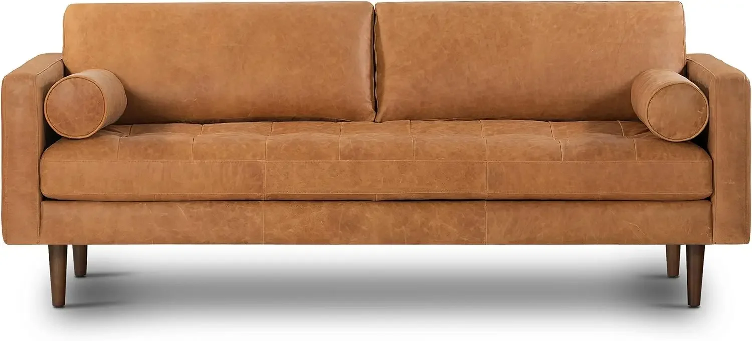 

Cognac Tan Brown Leather Couch Mid Century Leather Sofa with 2 Bolsters - Full Grain Camel Leather Couch - Feather-Down