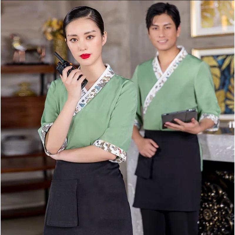 Hot Pot Restaurant Waiter Workwear Women's Half Sleeve Hotel Tea House Chinese Catering Tea Artist Restaurant Clothing Summer Me