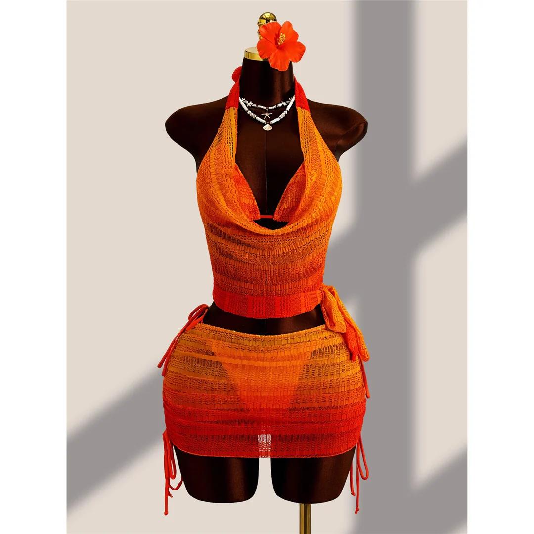 Mit Rock, Farbverlauf, Neckholder-Bikini, Damen-Badebekleidung, Damen-Badeanzug, vierteiliges Bikini-Set, Badeanzug, Badebekleidung, Schwimmanzug V8219 – Detail 11