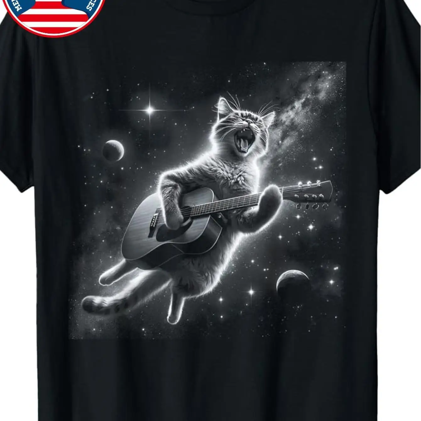 Retro Rock Cat Playing Guitar T Heat Transfer Galaxy Cat Pattern Men's Pullover, Casual T-shirt, Fun Cat Design