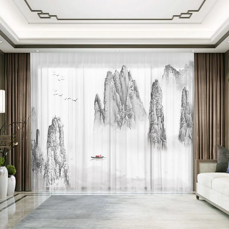 Custom Chiffon Sheer Curtain Window Drape for Bedroom Living Room River Boat Landscape