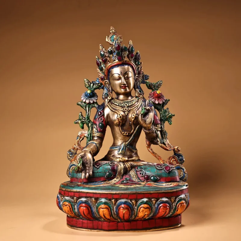 

12"Tibetan Temple Collection Old Bronze Outline in gold Gem Turquoise White Tara Sitting Buddha Lotus Platform Worship Hall