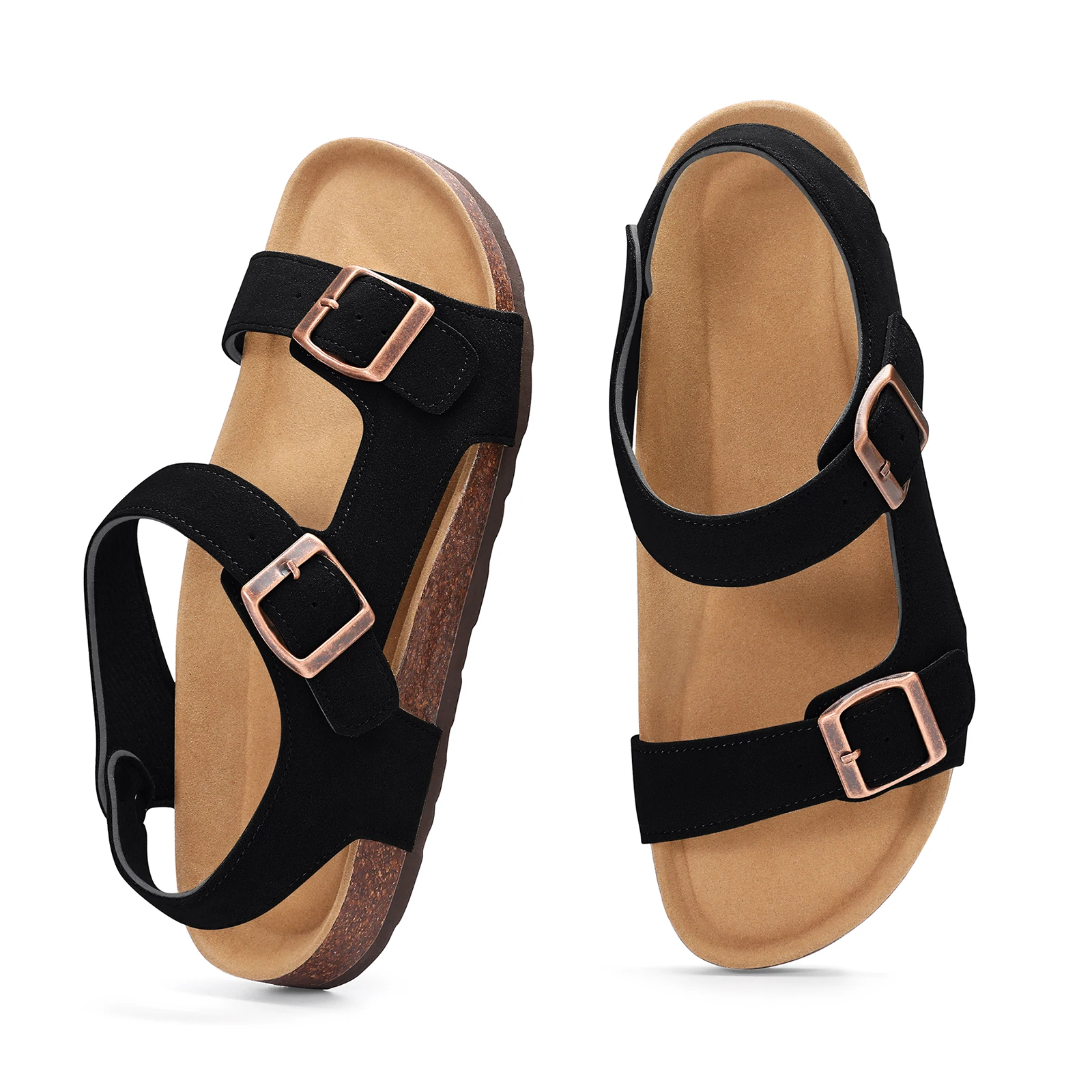 Smile Popcorn Women Back Strap Cork Sandals Adjustable Buckle Flat Slingback Slippers Soft Arch Support Summer Beach Slides
