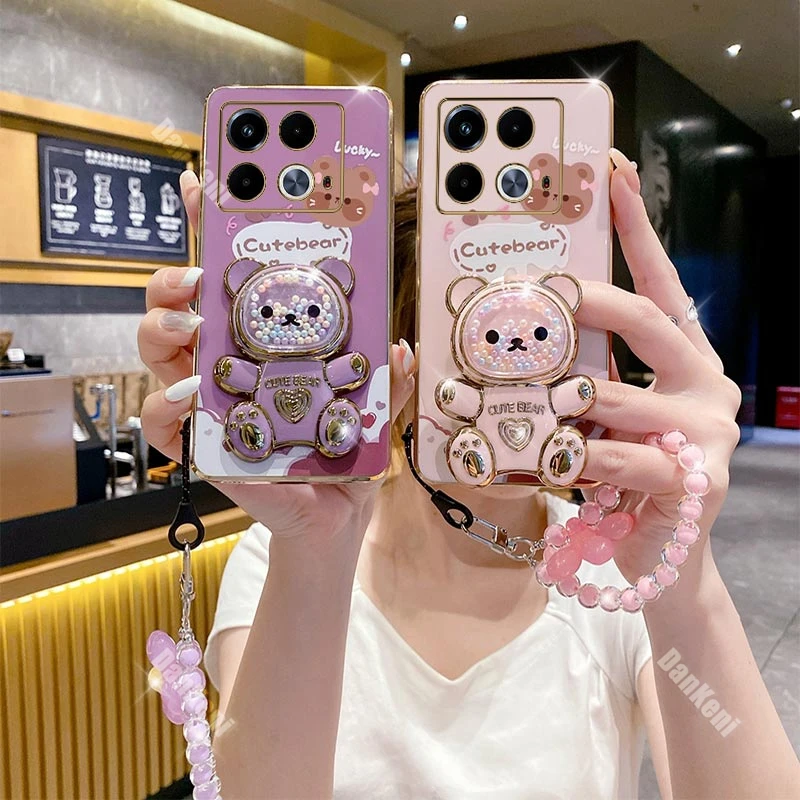 Note 40 Lucky Bear Holder Bracelet Plating Phone Case For Infinix Note 40Pro 30 30Pro 30i 12 12Pro 11S 10Pro Hot 30 20 12i Cover