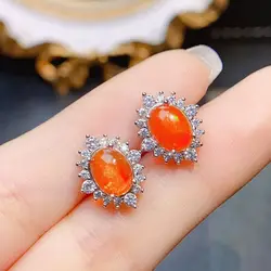 100% Genuine 925 Sterling Silver Oval Orange Fire Opal Stud Earrings For Women Fine Jewelry Birthstone Earring Gift