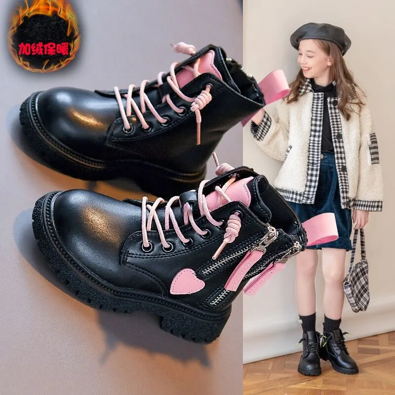 Kids Short Boots Pink and Black Double Zipper Love Sweet Girls 2022 Non-Slip Temperament Casual Shoes Child Fashion Spring New