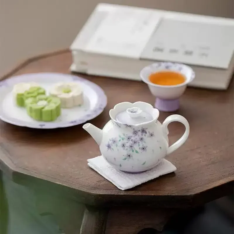Jade Clay White Porcelain Hand-painted Flower Mouth Teapot KungFu TeaSet Purple High-value Teapot Ball Hole Filter Hand-held Pot