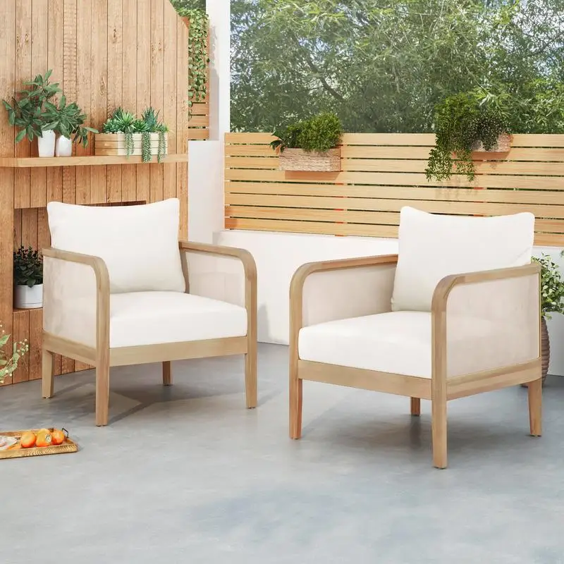 Set of 2 Outdoor Acacia Wood Patio Club Chairs, Textilene Furniture, Waterproof Thick Cushions for Deep Seating in Porch,