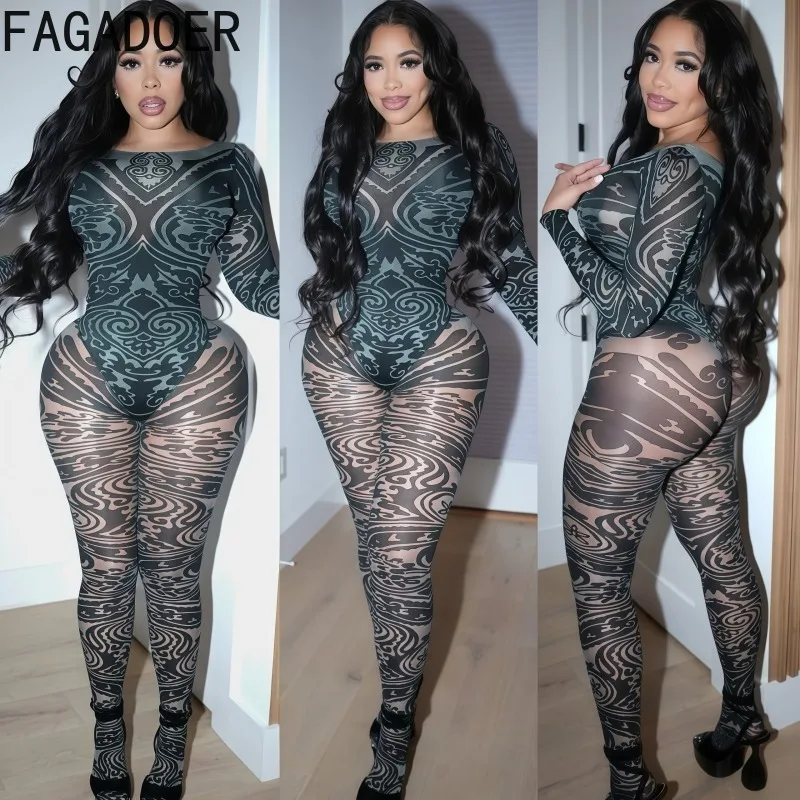 

FAGADOER Sexy Mesh Zebra Print Bodycon Jumpsuit Women Long Sleeves See Through Stretchy Rompers Female Clubwear Overalls New
