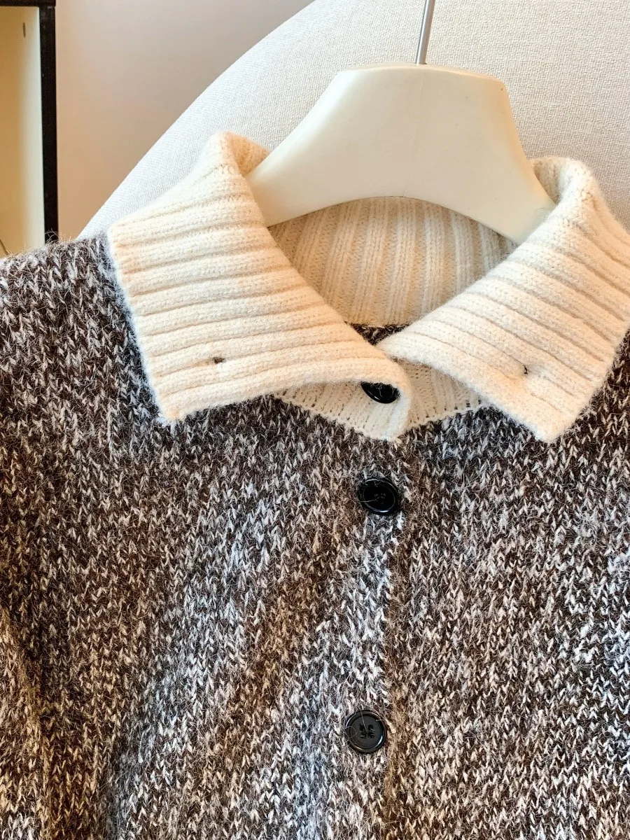 Thiened High Collar Knitted Sweater Coat Women's Autumn Winter Faion Retro Color Blo  Collar Long Sve Knitwear