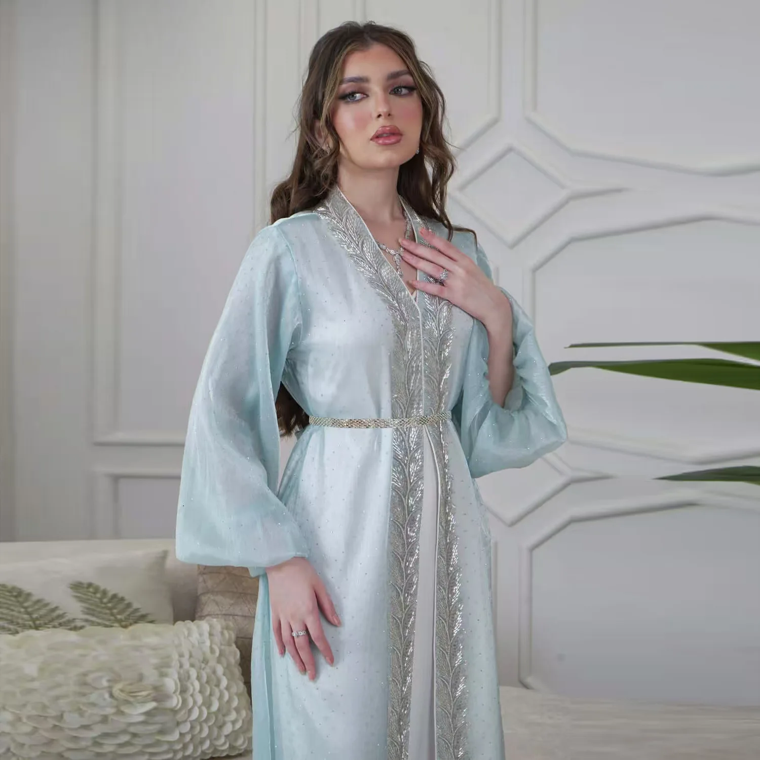 Eid Mubarak Djellaba Kimono Cardigan Dubai Abito in raso Kebaya Robe Diamond 3 pezzi Set Donna Abaya musulmano Caftano Jalabiya Abaya