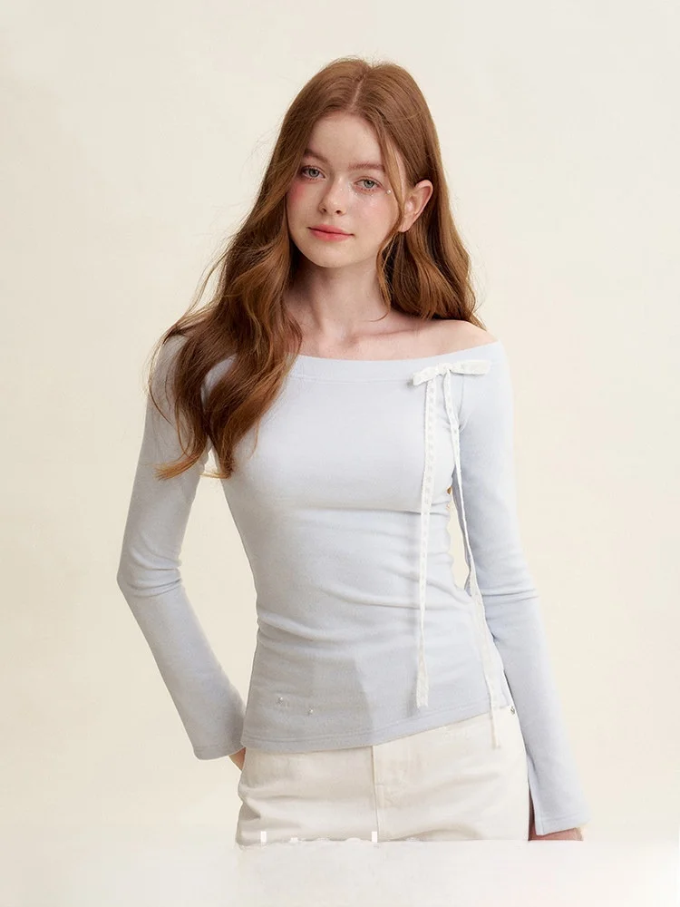 

Kroche Blokette Long Sve T-irt Velvet Knot Sides oulder Pure Color Slim Fit Cute Sle Faionable Spring Top