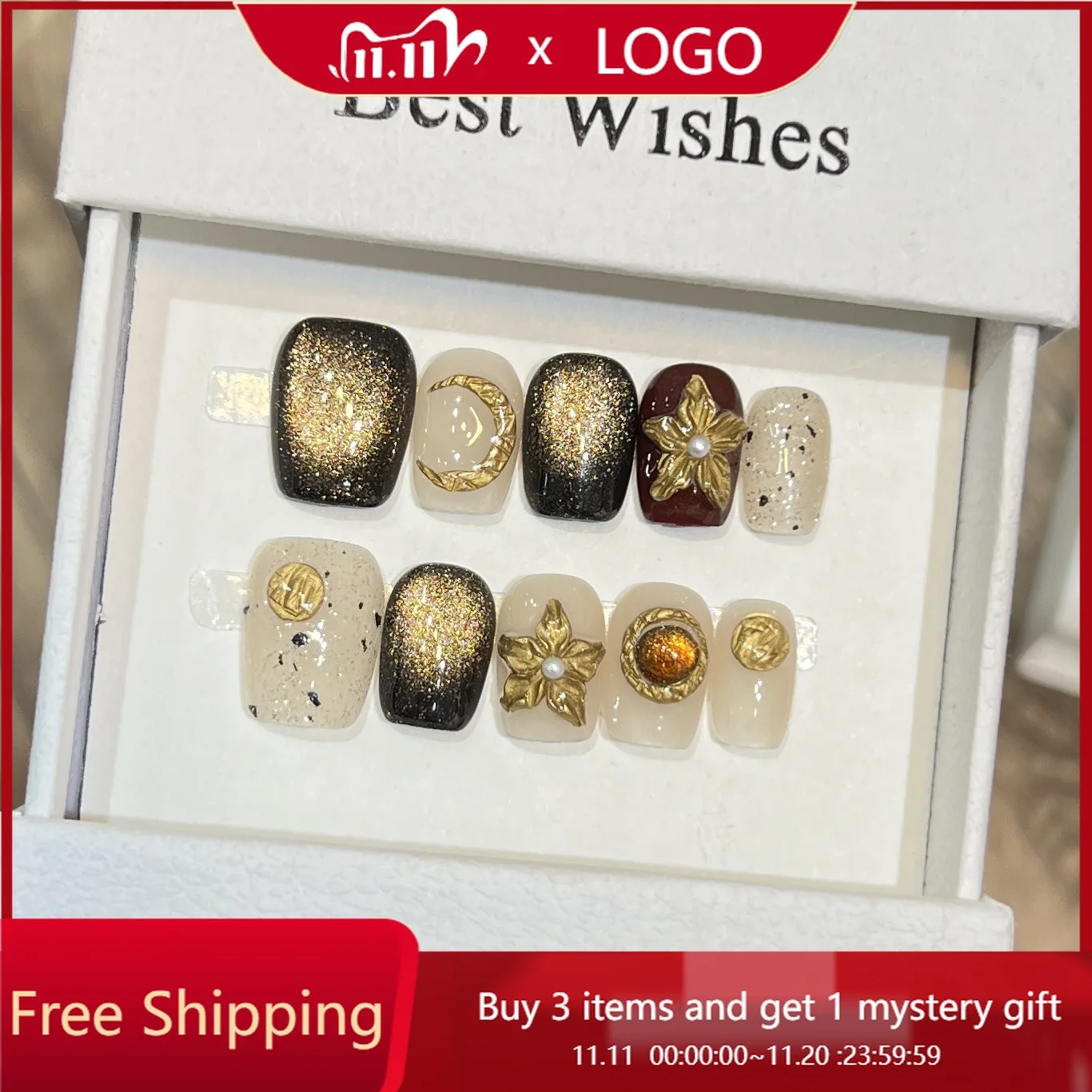 

10 шт., ногти ручной работы, Солнце, Луна и звездный свет, золотистый рельефный цветочный ручная роспись, короткие накладные ногти, идеальный подарок для женщин