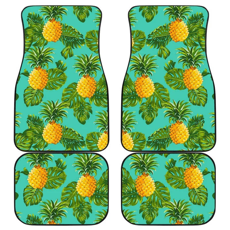 Palm Leaf Pineapple Pattern Print Front and Back Car Floor Mats Heavy Carpet Front and Rear Full Set 4PCs Pack