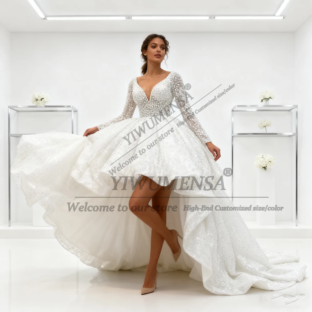 

Luxury V Neck Sequin Wedding Dresses Unique Design High Lower A Line Bridal Gowns Customized Bride Formal Occasion Party Attire
