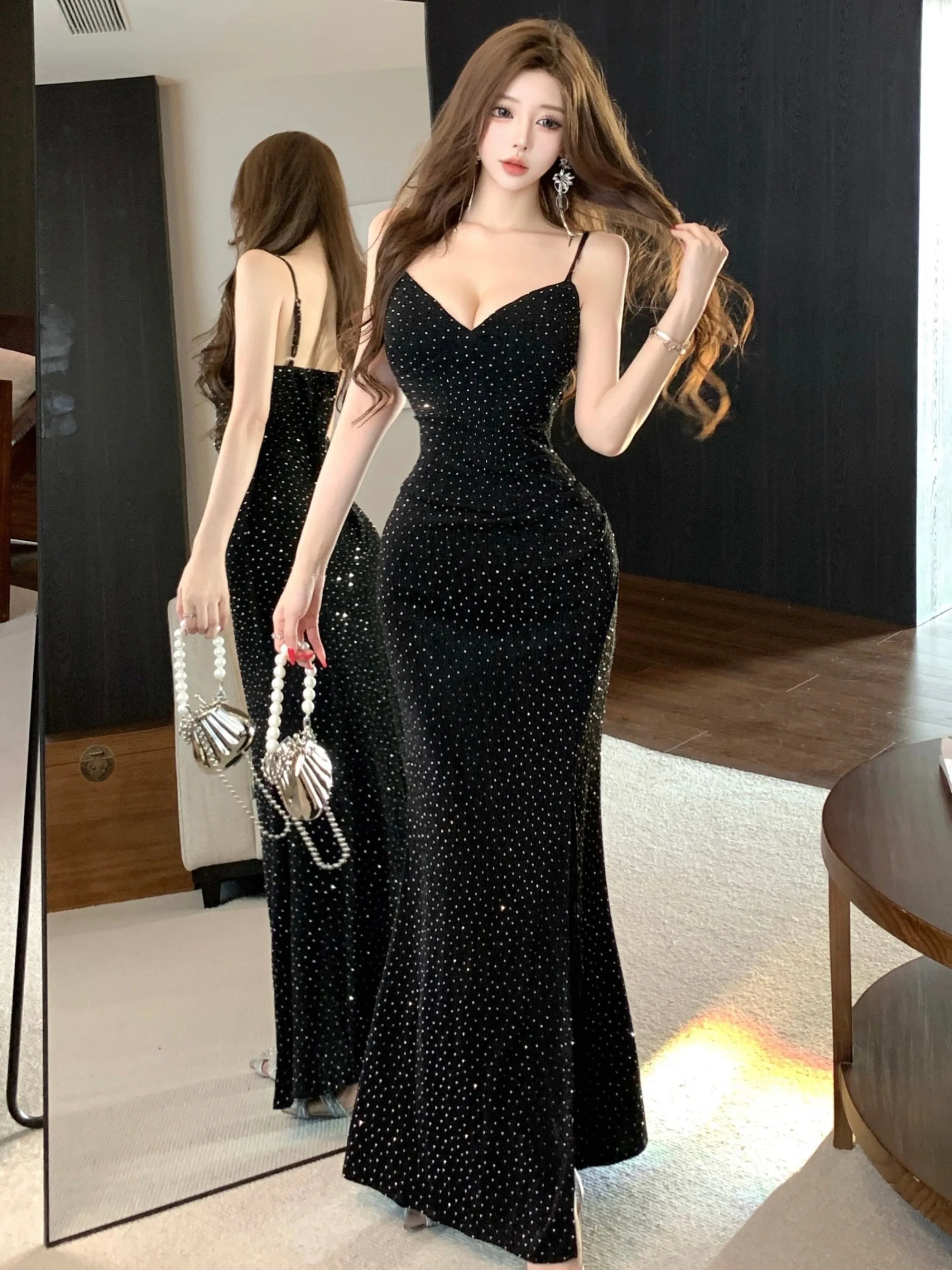 

Sexy Autumn Winter Diamond Embellied Slim Fit Wrap Dr V Ne Long Svel mid Waist Belted Inner Wear Casual Dr