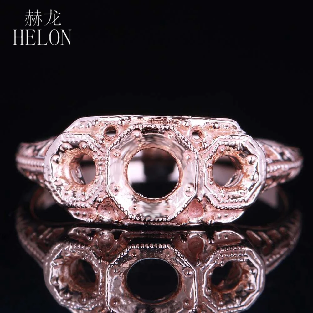 HELON 4.5mm & 2.5mm Round Semi Mount Ring Solid 14K 10K Rose Gold Vintage Antique Jewelry Engagement Wedding Ring Trendy Jewelry