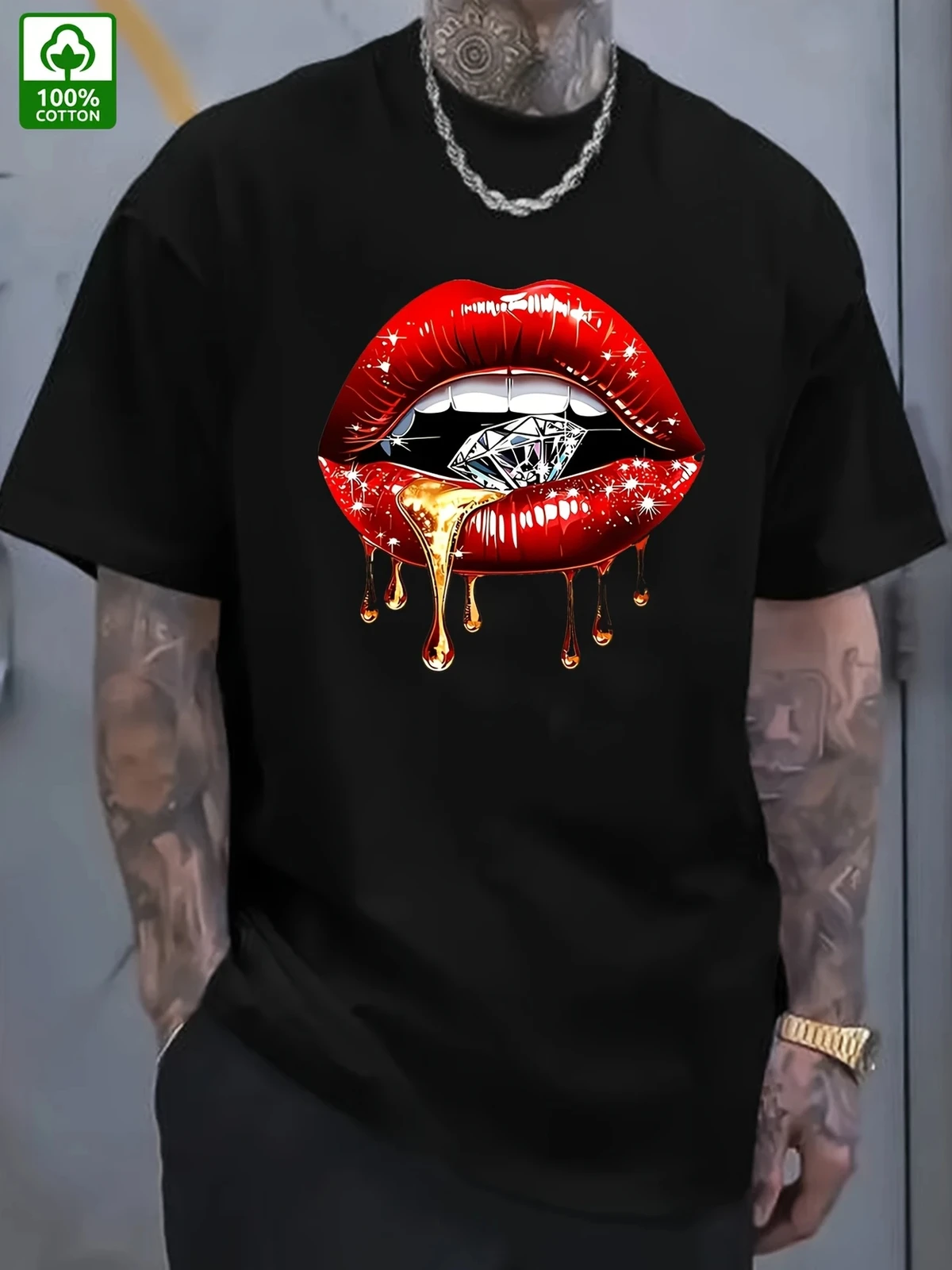 

Men's Black Cotton T-Shirt with Red Lips & Diamond Print – Casual Summer Tee for