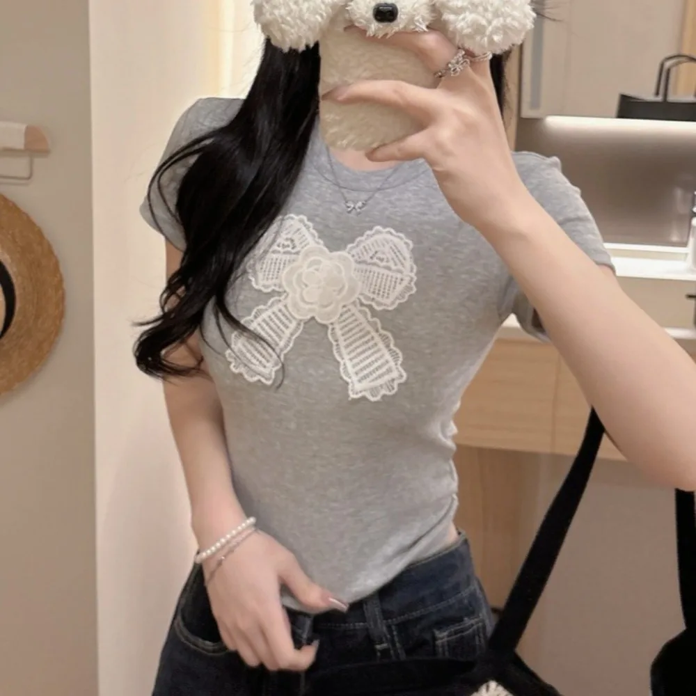 

Fashion Cotton Korean Bow T-shirts With Chest Pads Embroidered Y2K Crop Tops Spicy Girl Bowknot Short Shoulder Tops Summer