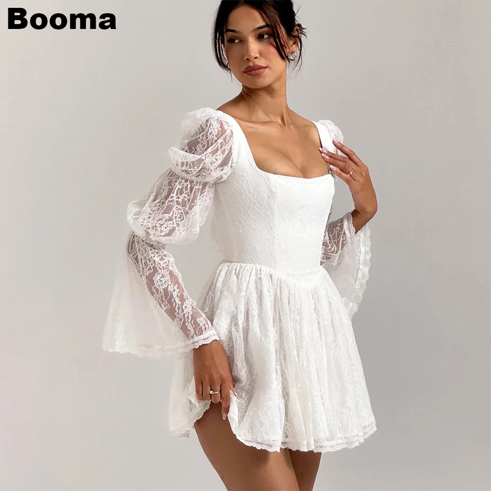 

Booma A-Line Wedding Party Dresses Square Collar Long Sleeves Lace Brides Party Gowns for Women Mini Prom Gowns Cocktail Dresses