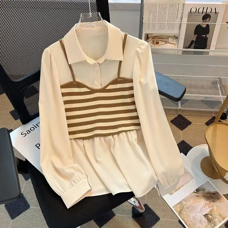 Fake Two Pieces Polo Neck Striped Patchwork Blouse Spring Autumn Youth Loose Elegant Shirt Tops Fashion Casual Women Clothing