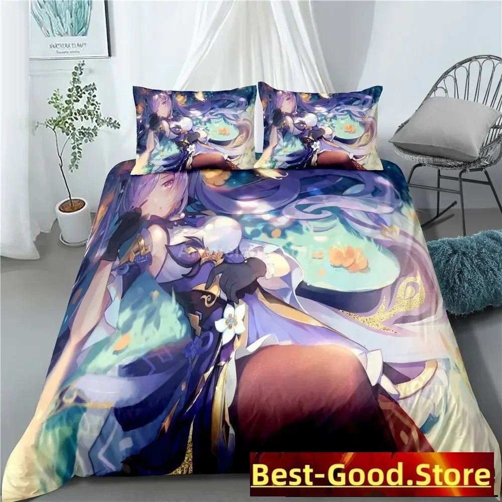 Keqing conjunto de cama genshin impacto jogo 3d impressão roupa cama colcha macio conjuntos capa edredão decoração do quarto casa rainha rei tamanho roxo