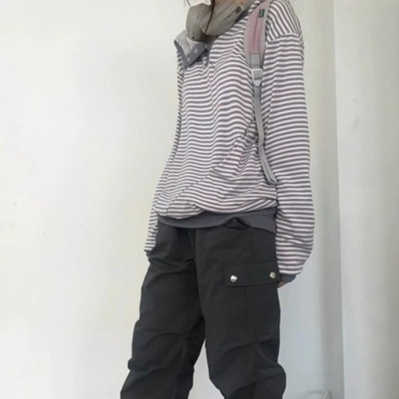 European and American original style concealed button hooded long sleeved striped top casual women's hooded T-shirt top