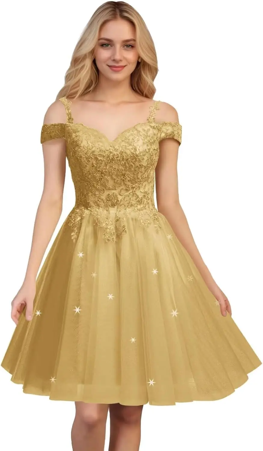 Shining Back To School Dress for Teenagers in 2025, Lace Applique Cold Shoulder Short Sleeved Chiffon Birthday Party Dance Dress