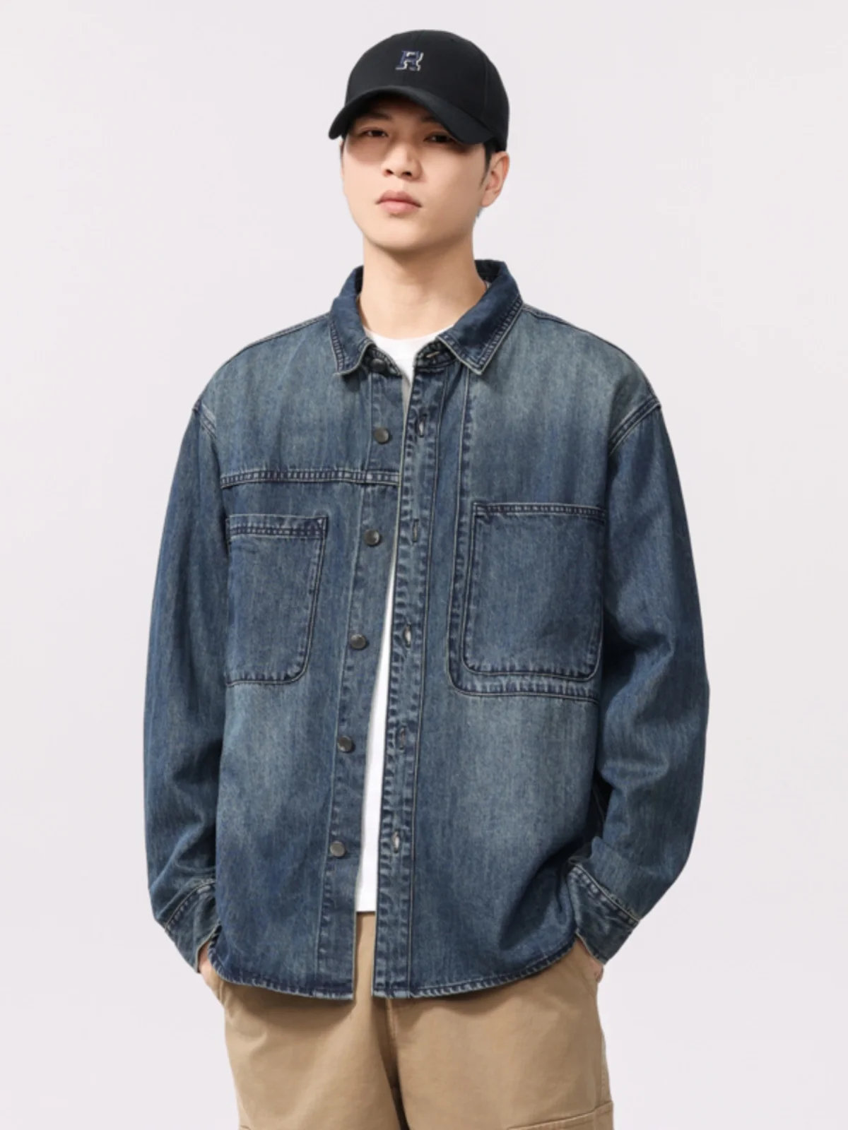 

Мужская свободная куртка-рубашка в американском ретро-стиле из денима и лиоцелла с длинным рукавом, модная рабочая одежда, весенняя, из смесового хлопка, износостойкая