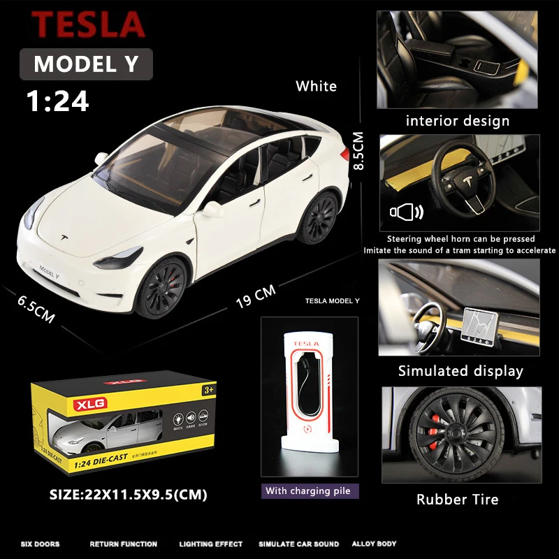 1:24 simulación de Tesla, modelo de coche de aleación, nuevo vehículo de energía, sonido y luz, tire hacia atrás, colección de coches de juguete,