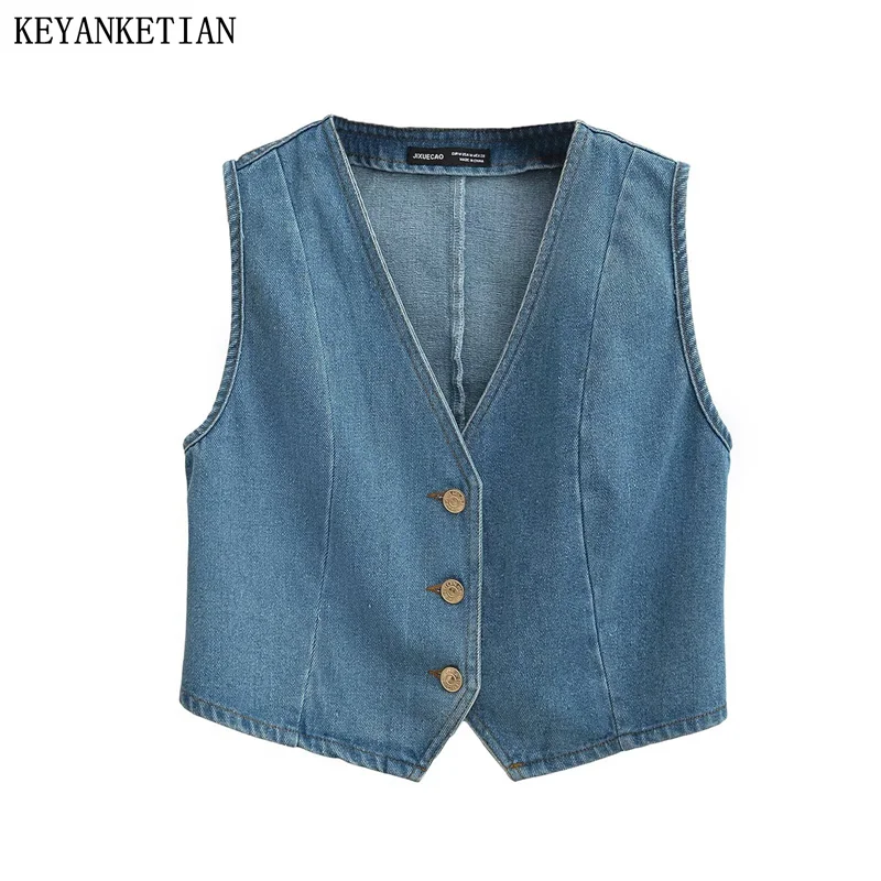 

KEYANKETIAN 2024 New Launch Women's Short Denim vest Retro style Single Breasted V-Neck Sleeveless Slim Outerwear Camisole Top