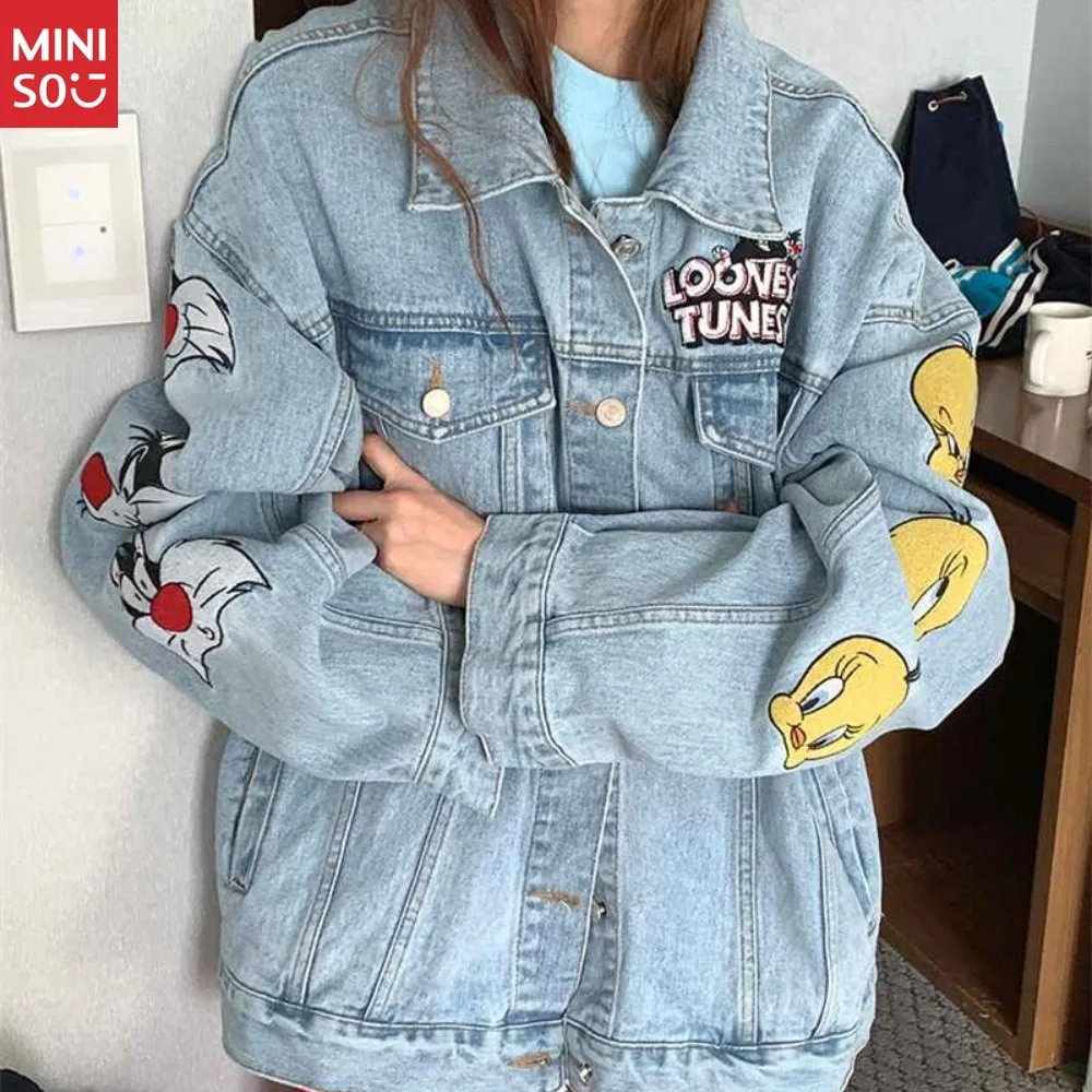 سترة ديزني للزوجين - نمط حروف كرتونية مطرزة فضفاضة ومغسولة بتصميم كلاسيكي للارتداء اليومي وملابس الزوجين