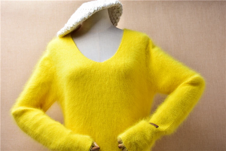 Female Women Autumn Winter Clothing Yellow Hairy Angora Rabbit Hair Knitted V-Neck Long Sleeves Slim Long Sweater Dress Jumper