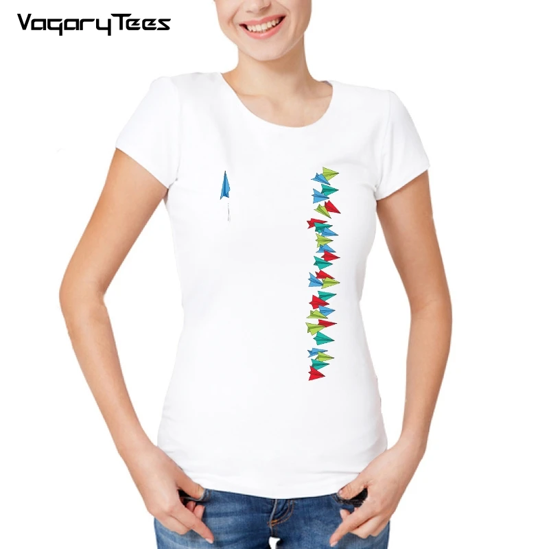 2022 Summer Women t-shirt Flying Paper Cranes Funny paper airplane High-quality Casual New Colorful paper airplane Print t shirt