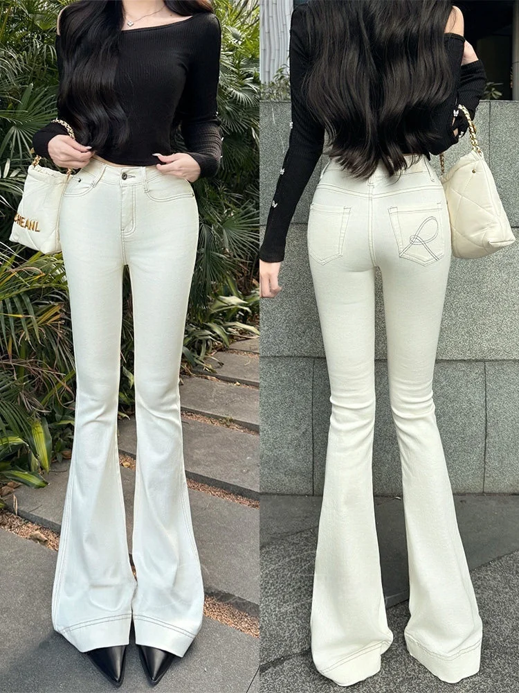 

Женские джинсы Ele с высокой талией, облегающие, с вышивкой, расклешенные, из хлопкового стрейч-денима, повседневные, в стиле High Street