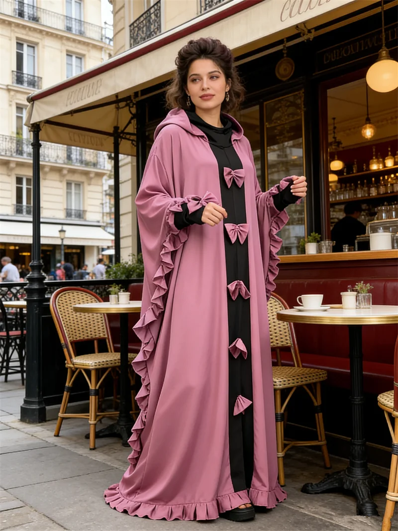 

Fashion Muslim Women Bow Long Dress Eid Djellaba Hooded Abaya Turkey Kaftan Kebaya Caftan Marocain Femme Robe Ramadan Islam Gown