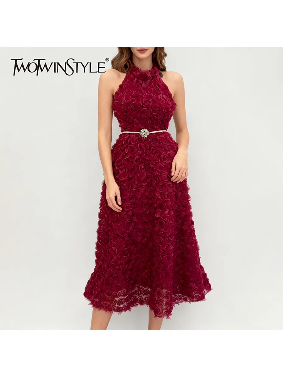 

TWOTWINSTYLE Solid Spliced 3D Rose Elegant Dresses for Women Round Neck Sleeveless Temperament Dress Female Fashion Clothing New