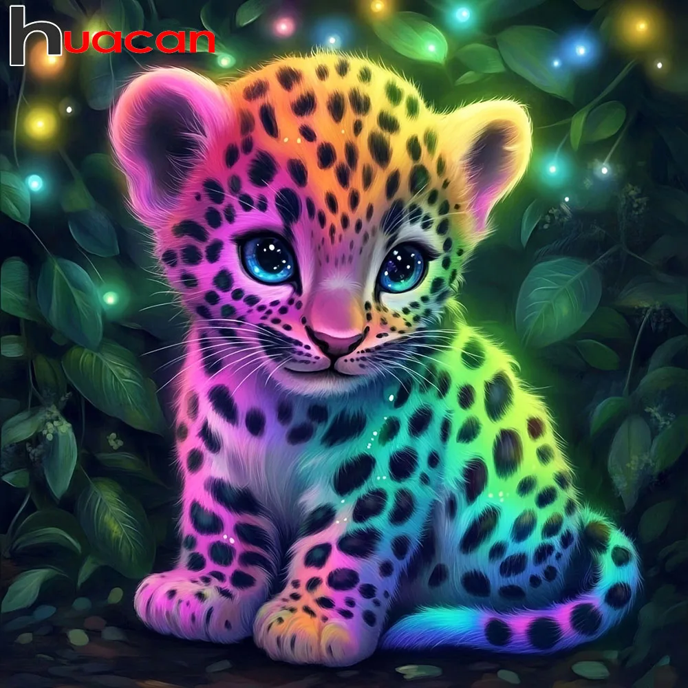 Huacan Diamantmalerei Leopard Blätter Diamantstickerei Tier Komplettset Bild aus Strasssteinen