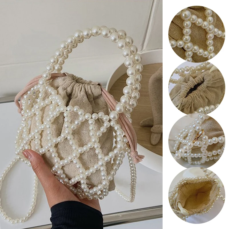 Lady Basket Handbag Summer Pearl Hollow Beaded Bag Bohemia Beach Travel Pearl Bag Holiday Woven Bag Small Square Bag