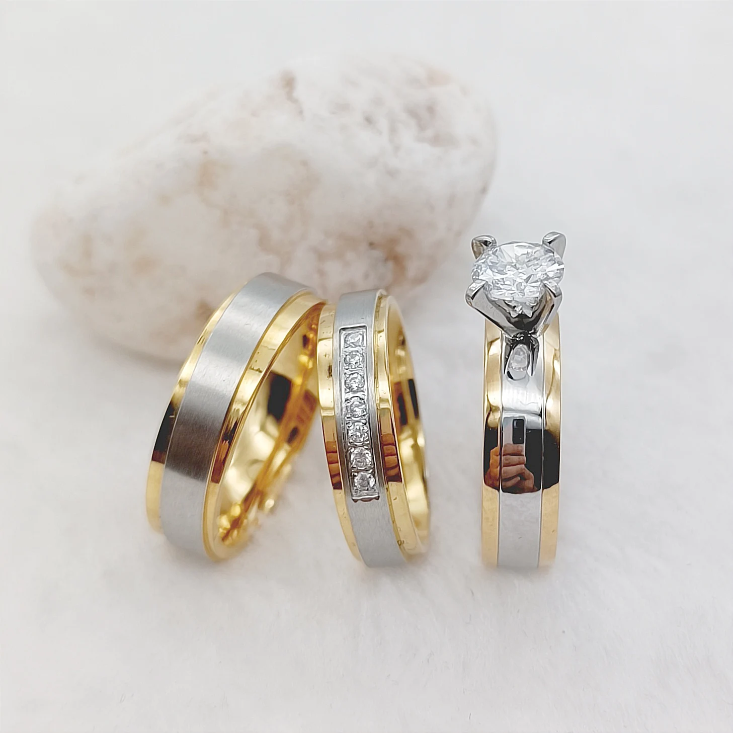 Unique Designer 3pcs Wedding Engagement Rings Sets Fiance and Fiancee 14k gold plated Bicolor Silver Stainless Steel Jewelry