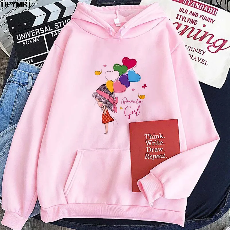 New Ladies and girl cute cartoon Graphics pullover Balloon little girl printing White pink Casual comfortable Kawaii Hooded Tops