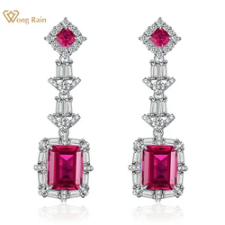 Wong Rain Vintage 100% 925 Sterling Silver 8*10MM Emerald Cut Ruby High Carbon Diamond Gemstone Drop Earrings Party Fine Jewelry